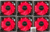 Six red LED computer fans in a grid pattern with a brand logo.