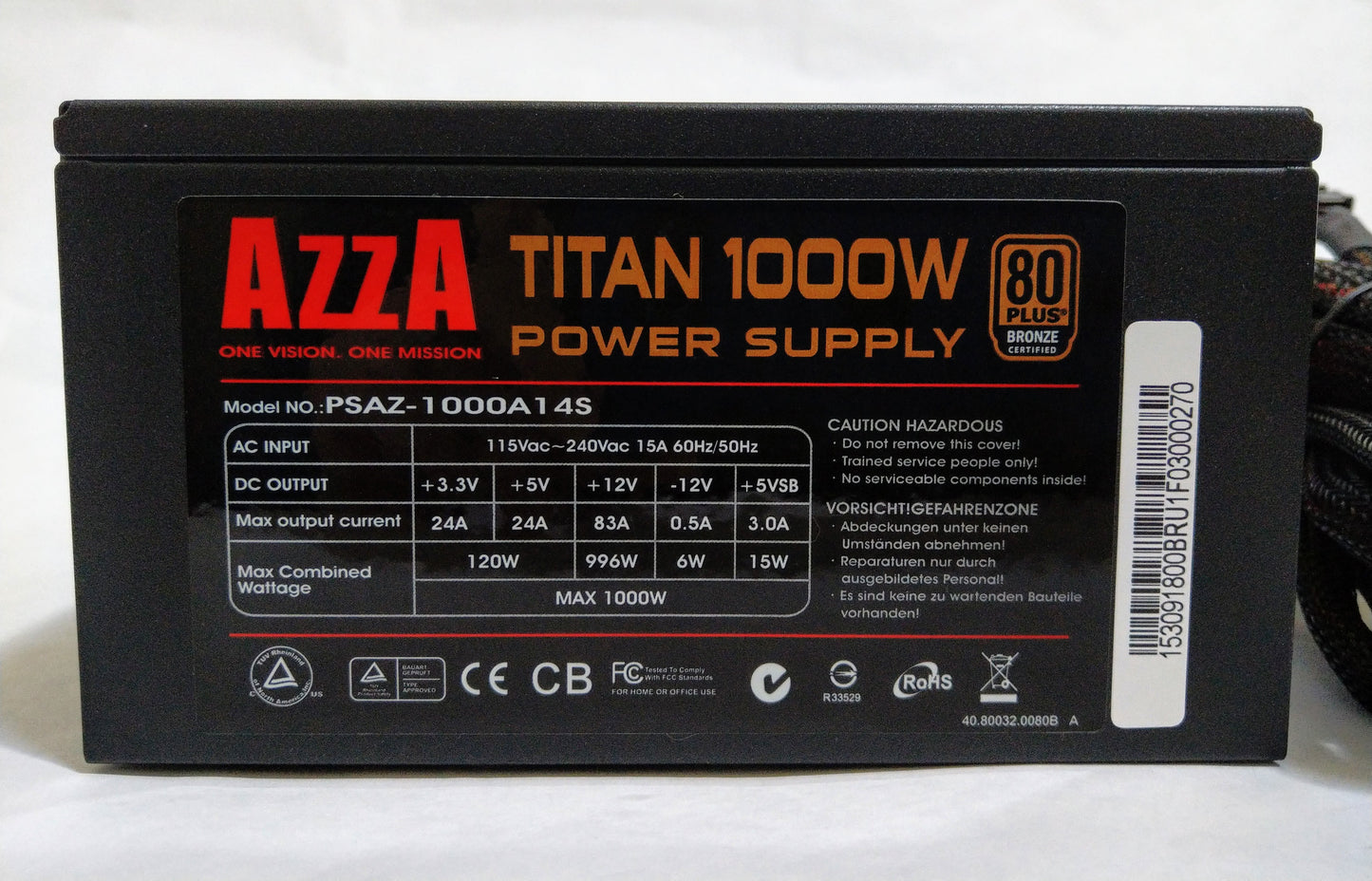 AZZA Titan PSAZ-1000-A14S 1000W 4x PCI-E ATX/EPS 12V 80+ Bronze SLI Gaming PC Power Supply, 1000-Watt 1KW PSU