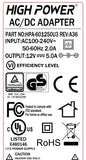 HIGH POWER® HPA-601250U3  REV: A36 60W Energy-Efficient Fanless Level VI LCD Monitor / TV AC Adapter / Mini ITX 12V PC Power Supply