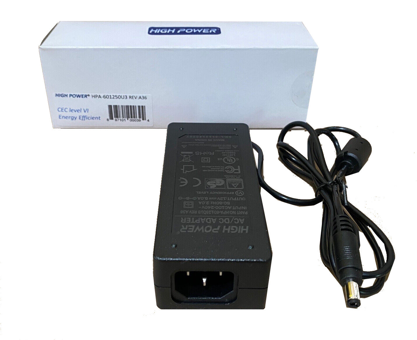 HIGH POWER® HPA-601250U3 REV: A36 60W Energy-Efficient Fanless Level VI LCD Monitor / TV AC Adapter / Mini ITX 12V PC Power Supply
