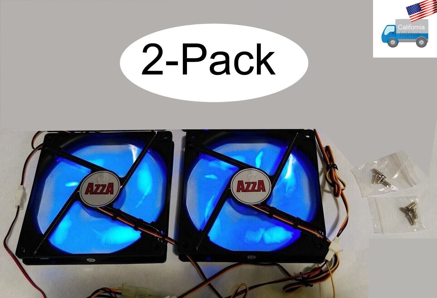 2-pack: NEW Azza 140mm x 25mm Blue LED 3-pin Gaming PC Case Cooling Fan 14cm