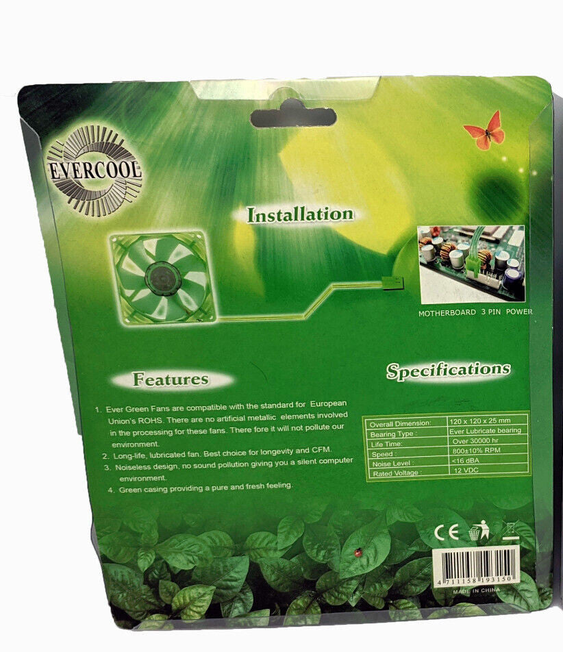 NEW Evercool Ever Green Quiet 16dBA Ever Green 120mm x 25mm 3pin PC Case Cooling Fan EGF-12