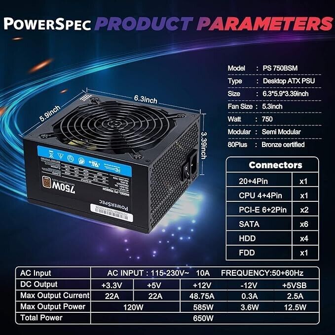 Lot 8pcs: PowerSpec 750W 80plus Bronze 2x PCIE Modular Cable ATX PC Power Supply