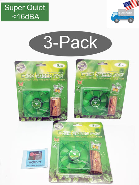 3pack: NEW Evercool Ever Green 80mm 3pin 16dBA Super Quiet  PC Case Cooling Fan EGF-8