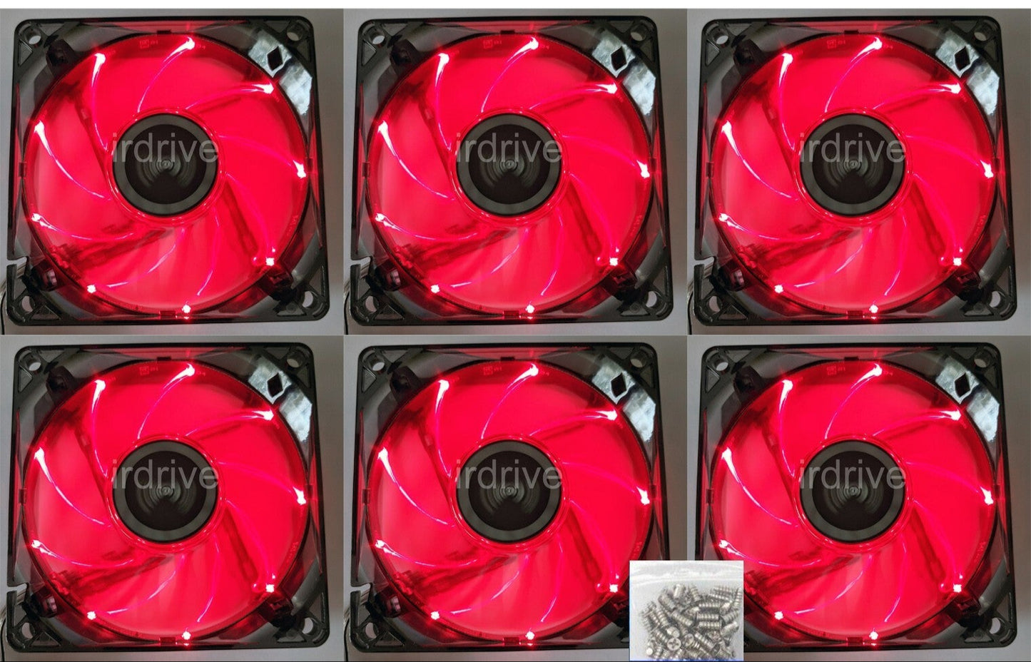 Six red LED computer fans in a grid pattern with a brand logo.