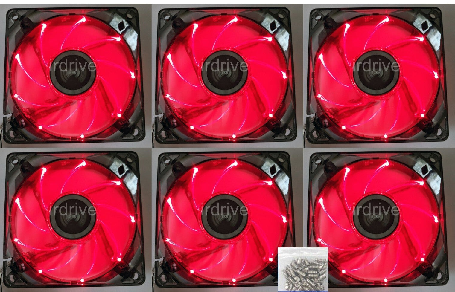 Six red LED computer fans in a grid pattern with a brand logo.