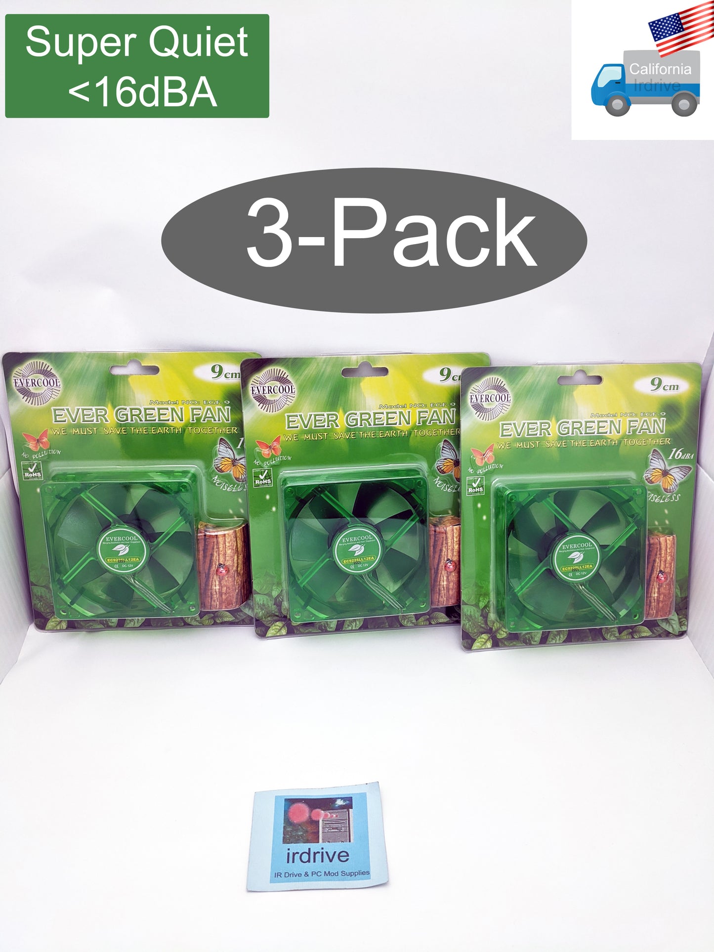 3-pack: NEW Evercool Ever Green Quiet 16dBA 90mm 3pin PC Case Cooling Fan EGF-9