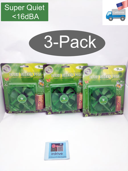 3-pack: NEW Evercool Ever Green Quiet 16dBA 90mm 3pin PC Case Cooling Fan EGF-9