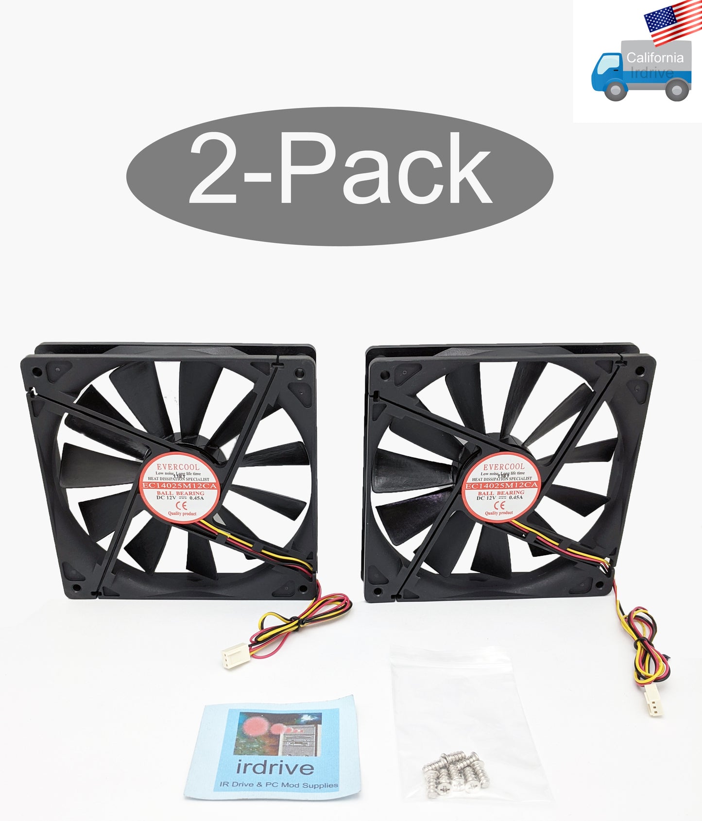 2-Pack: NEW Evercool 140mm Ball 3pin 12V 0.45A PC Case Cooling Fan EC14025M12CA