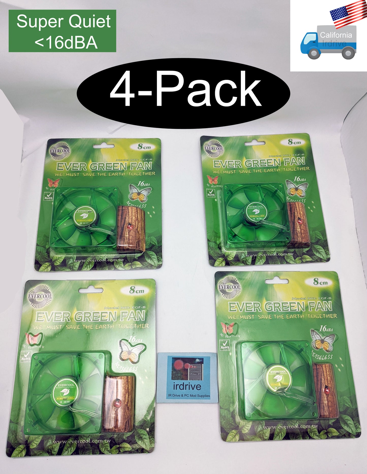 4-pack: NEW Evercool Ever Green 80mm 3pin 16dBA Super Quiet  PC Case Cooling Fan EGF-8