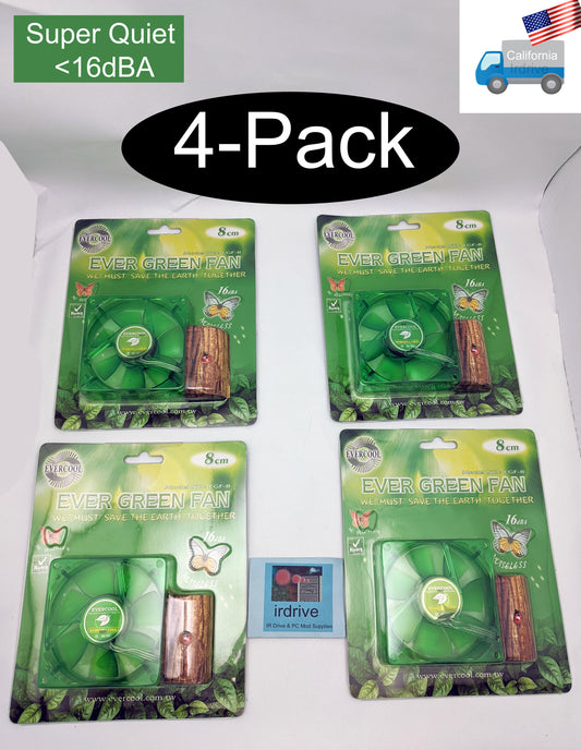 4-pack: NEW Evercool Ever Green 80mm 3pin 16dBA Super Quiet  PC Case Cooling Fan EGF-8