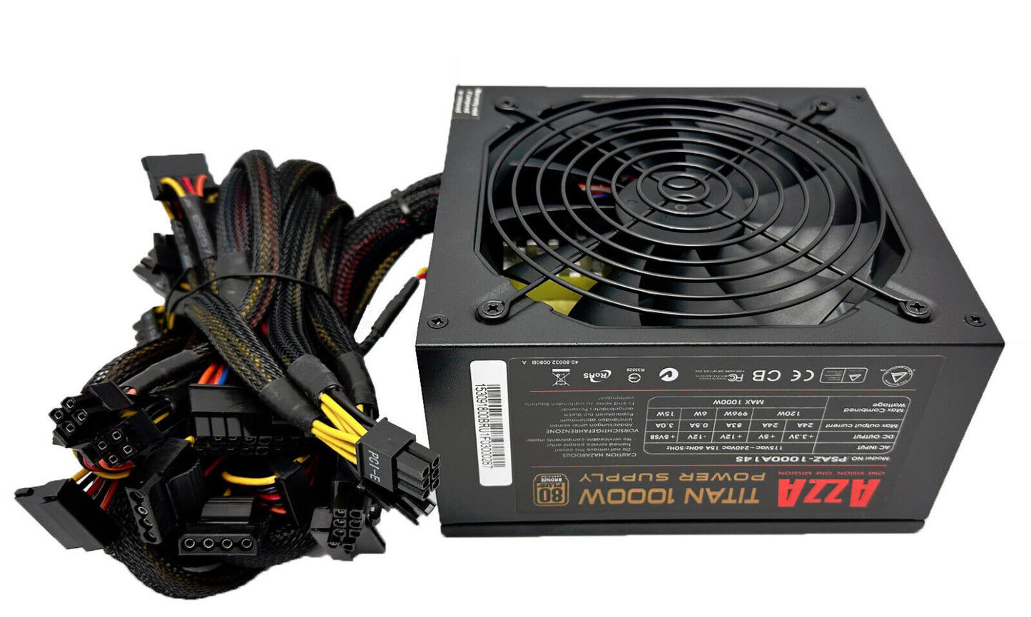 AZZA Titan PSAZ-1000-A14S 1000W 4x PCI-E ATX/EPS 12V 80+ Bronze SLI Gaming PC Power Supply, 1000-Watt 1KW PSU