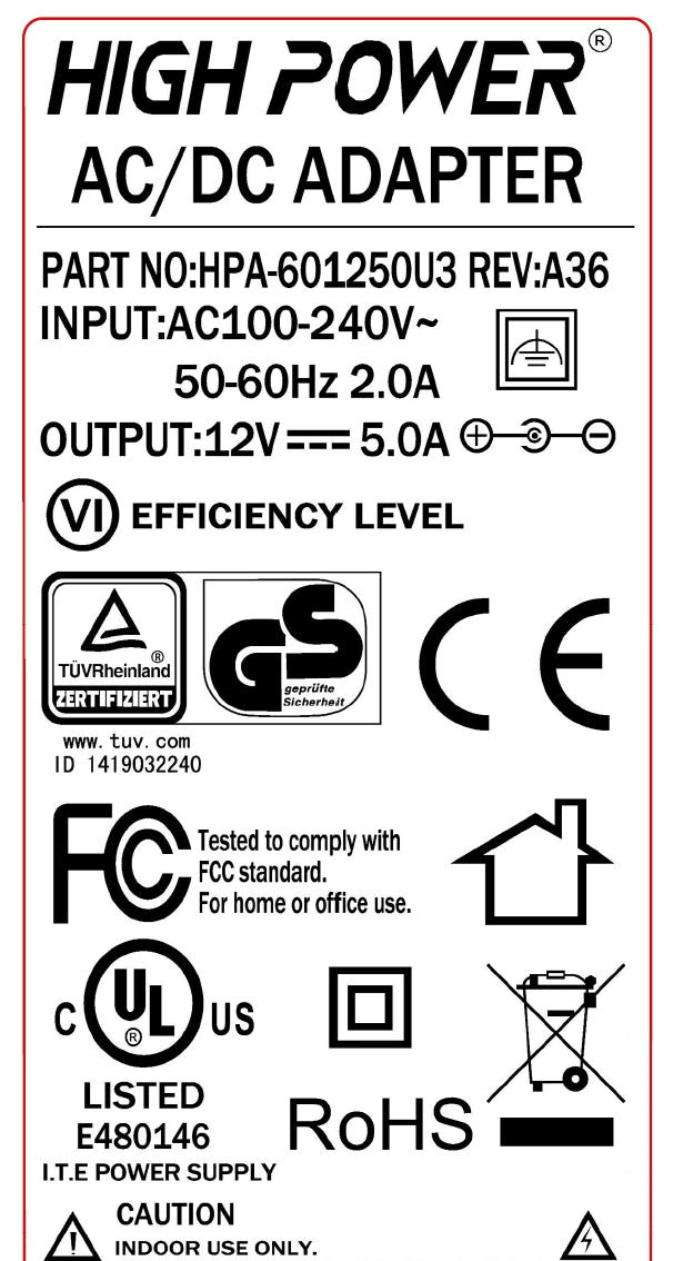 HIGH POWER® HPA-601250U3  REV: A36 60W Energy-Efficient Fanless Level VI LCD Monitor / TV AC Adapter / Mini ITX 12V PC Power Supply