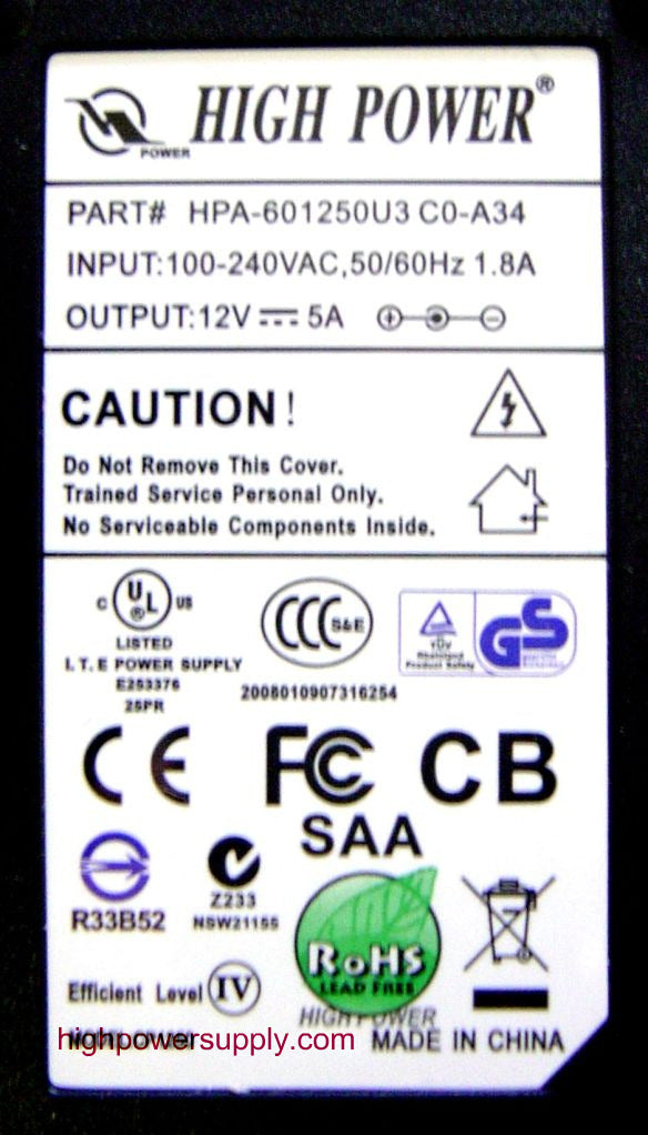 HIGH POWER® HPA-601250U3  REV: C0-A34 Energy-efficient 60W 12V RoHS Compliant Lead-Free Safe Fanless LCD Monitor / TV AC Adapter