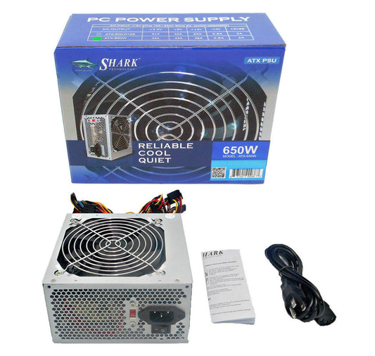 SHARK TECHNOLOGY® ATX-650W Power Supply 120mm Fan 650W with 20+4pin, 4/8-pin ATX 12V, 6+2pin PCIe, 4-SATA, 4-Molex, 1-FDD Connectors