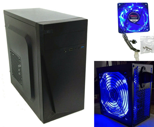 NEW Black MicroATX USB 3.0 PC Tower Case w/ SHARK 1000W LED Power Supply (LED Fan) & 80mm Enermax Blue LED Case Fan